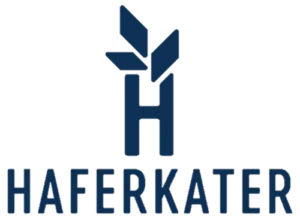 Logo von Haferkater mit stilisierten Haferblättern und dem Schriftzug "HAFERKATER" in blauer Farbe.