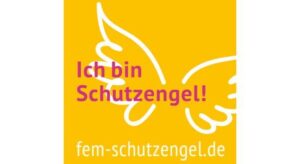 Logo mit gelbem Hintergrund, wei&szlig;en Fl&uuml;geln und dem Text &bdquo;Ich bin Schutzengel!&ldquo; in pinker Schrift.