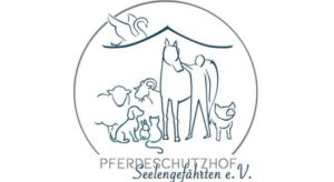 Logo eines Pferdeschutzhofs mit stilisierten Tieren: Pferd, Schaf, Hund, Katze und Schwein, umgeben von einem Dach.