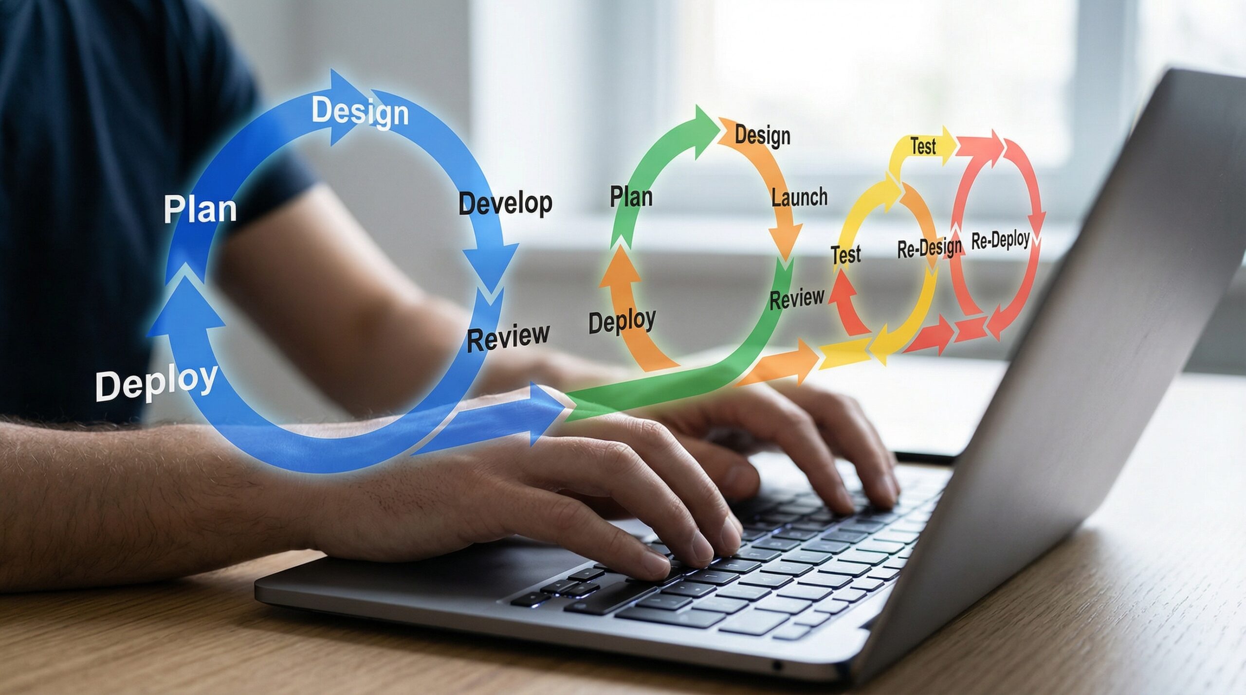 Eine Person tippt auf einem Laptop, umgeben von einem Diagramm, das den Entwicklungsprozess in Zyklen darstellt.