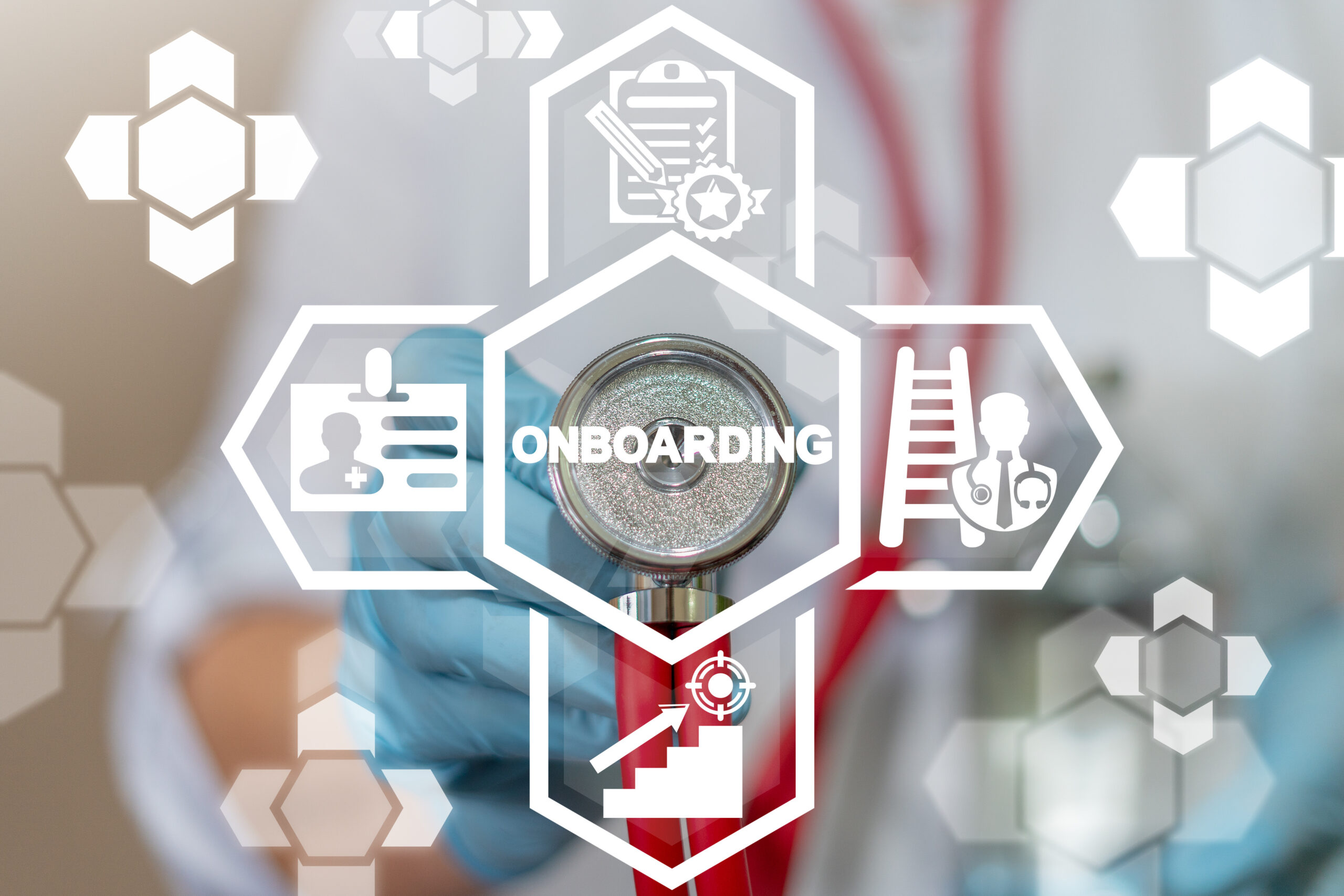Ein Arzt h&auml;lt ein Stethoskop, umgeben von Symbolen f&uuml;r Onboarding, darunter eine ID-Karte und eine Leiter.